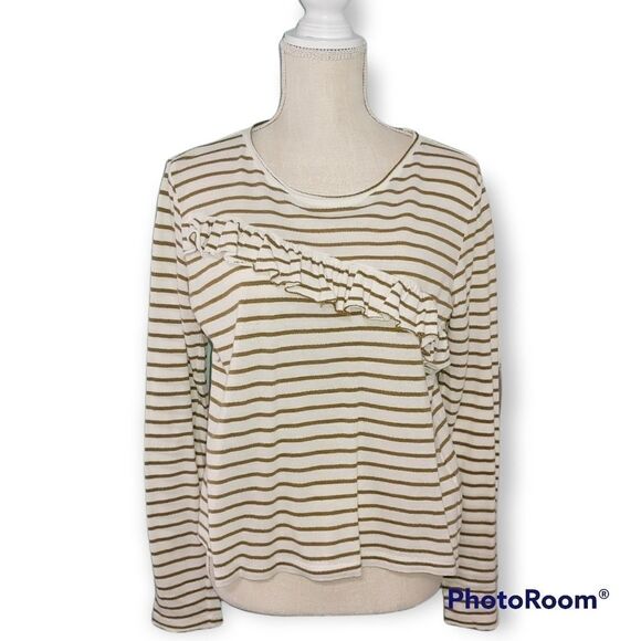 Lucky Brand Stylish cream/green asymetrical ruffle striped long sleeve tee top - Picture 3 of 6